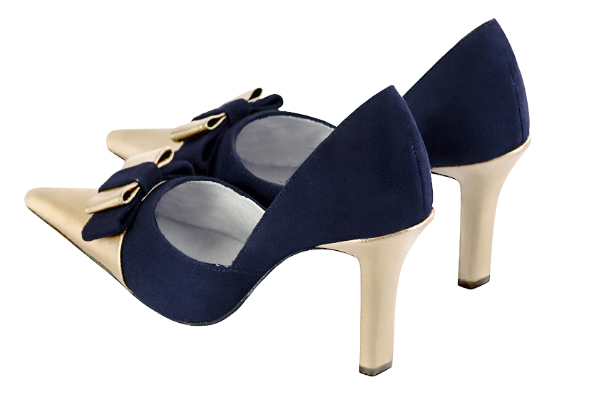 Gold and navy blue women's open arch dress pumps. Pointed toe. Very high slim heel. Rear view - Florence KOOIJMAN
